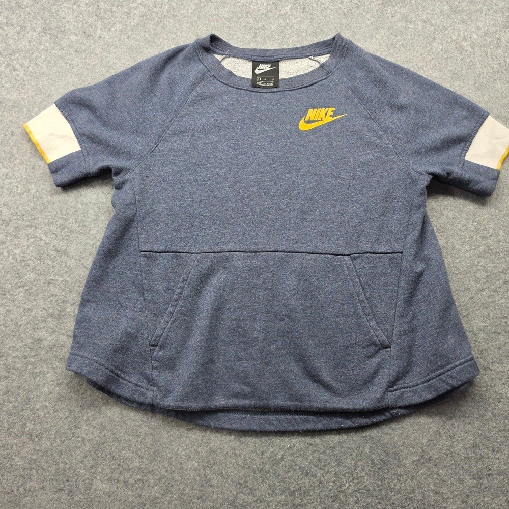 Nike Women Short Sleeve Sweatshirt Blue Heather Fleece Kangaroo Pocket Large